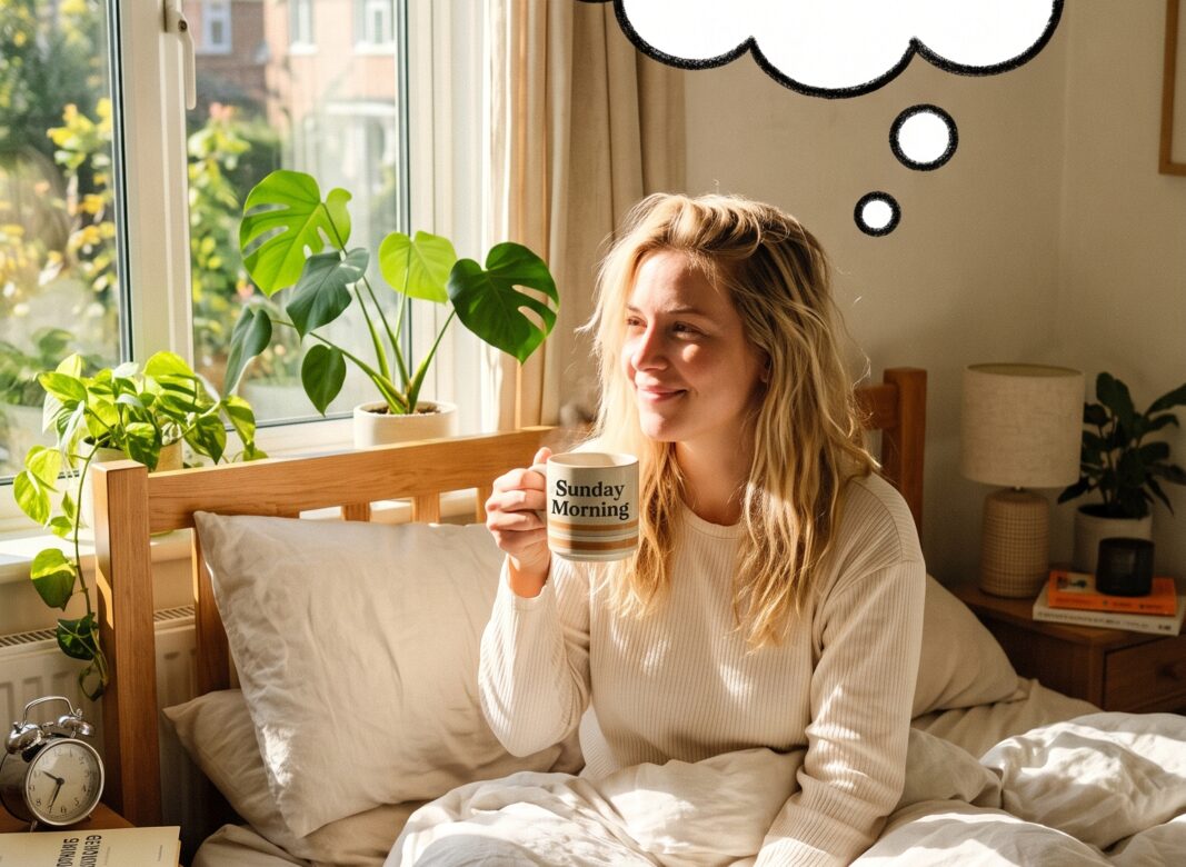 AI Generated image of a blonde women waking up with a coffee in hand thinking