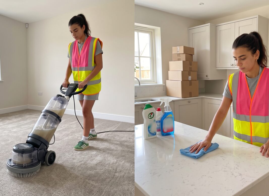 AI Generated image of an in-clean employee cleaning the carpet and kitchen at the end of a tenancy