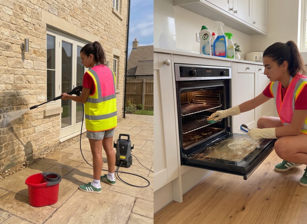 AI Generated image of an in-clean employee cleaning the exterior and oven in a home